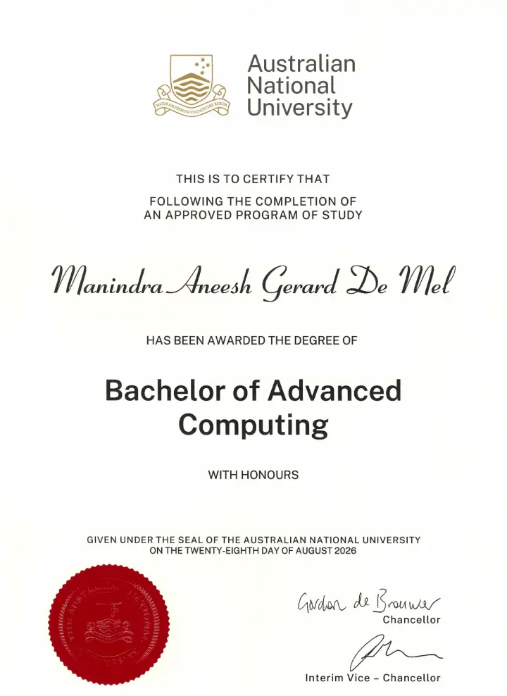 Australian National University certificate: Bachelor of Advanced Computing with Honours, awarded 28 August 2026