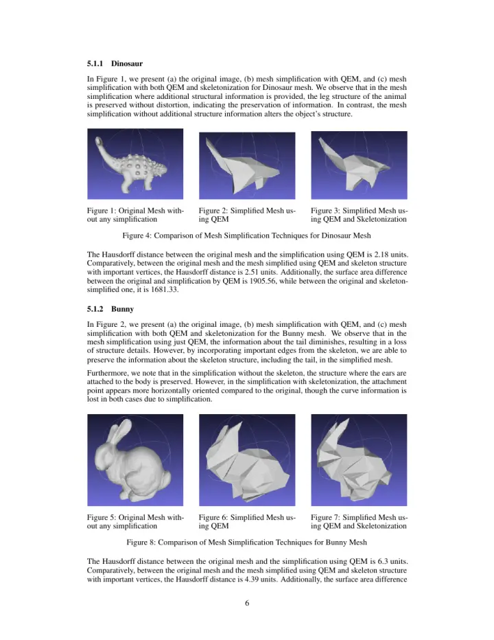 A page of figures from the mesh simplification paper: simplified meshes compared side by side