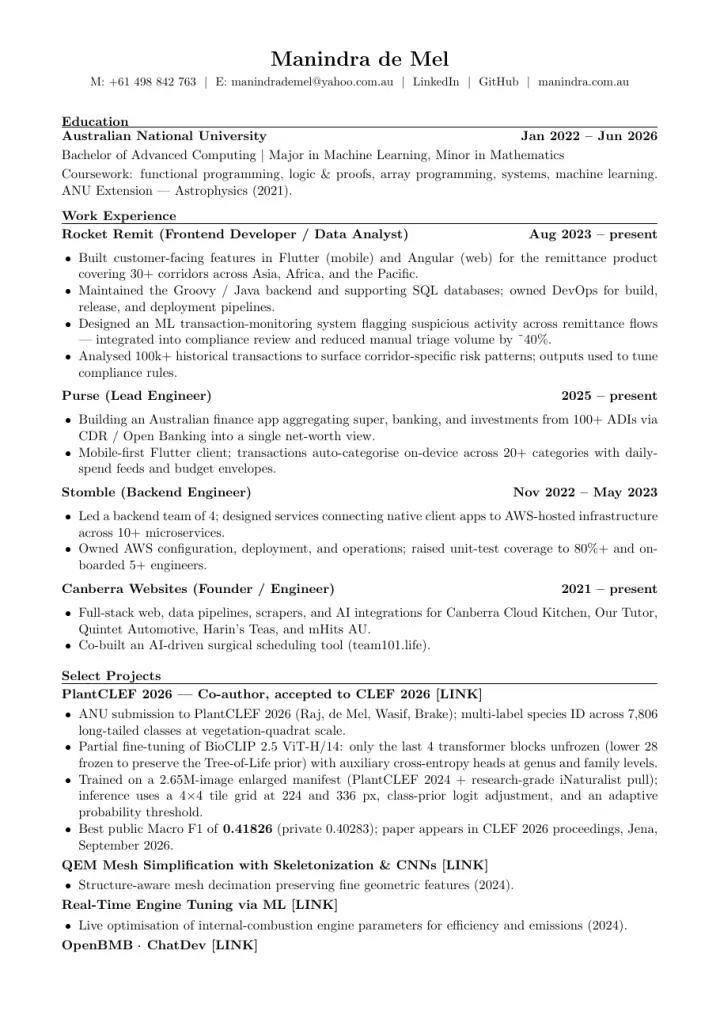 First page of Manindra de Mel's résumé