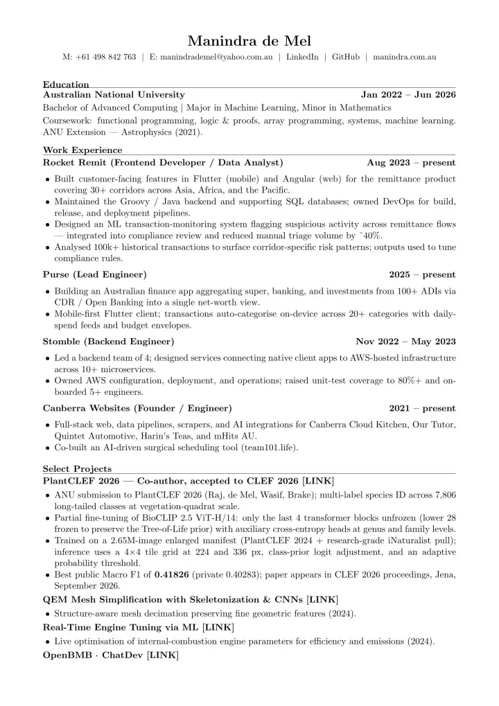First page of Manindra de Mel's résumé